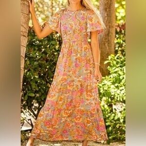 Zesica Pink and Orange Flutter Sleeve Maxi Sundress for Wedding Guests boho M